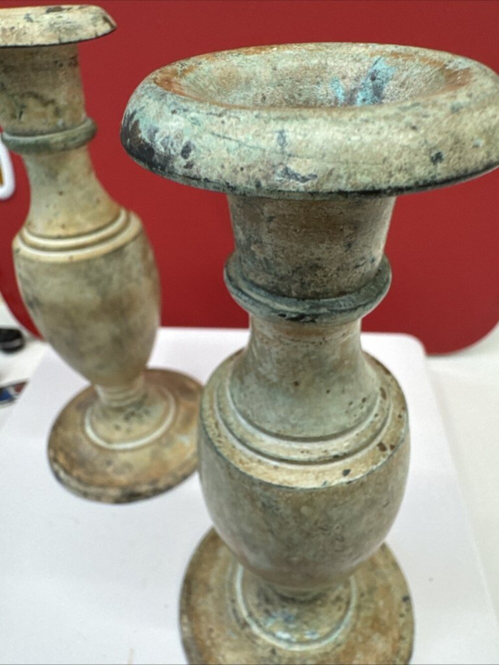 Vtg Rare Pair of Solid Bronze Candle Sticks Holders Gray Green Orange 6”x3” - Picture 8 of 10